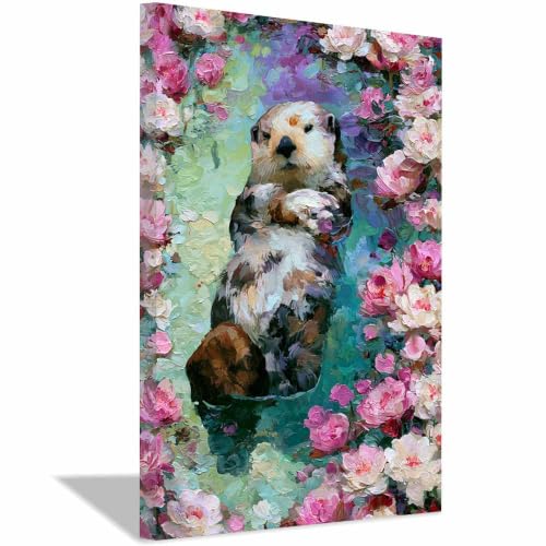 Peinture sur toile de loutres de mer florales PUQAAEO decoration murale de salon encadree 30x45cm
