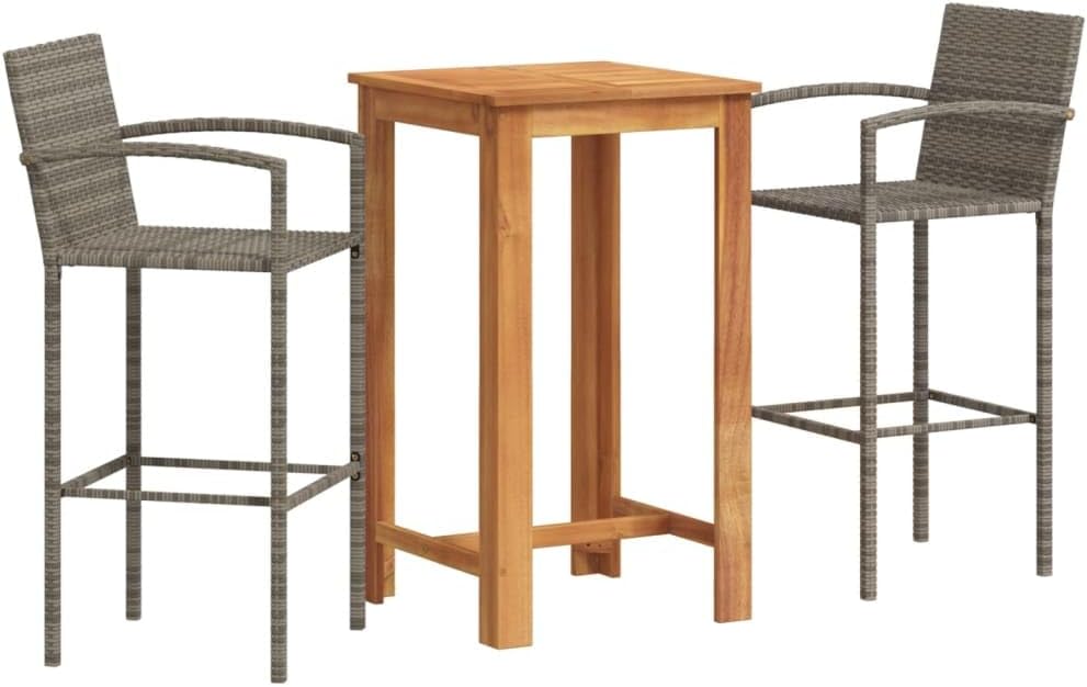 Contemporary Grey Acacia Wood Garden Bar Set with Footrests, Compact Outdoor Patio Furniture for Small Spaces, Durable Solid Wood and Poly Rattan Construction,