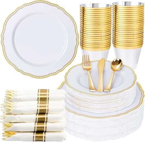 Hioasis 175pcs White and Gold Plastic Plates - Gold Plastic Dinnerware Set Includes 25 Dinner Plates 25 Dessert Dinnerware 25 Cups 25 Rolled Napkin Cutlery Perfect for Wedding & Party