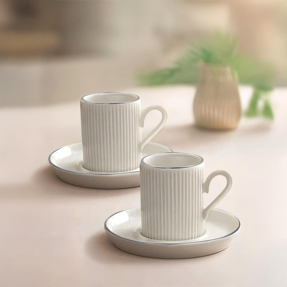 Juego de 12 tazas de café espresso de porcelana, 100 ml, diseño de rayas plateadas, para 6 personas, elegante set de regalo