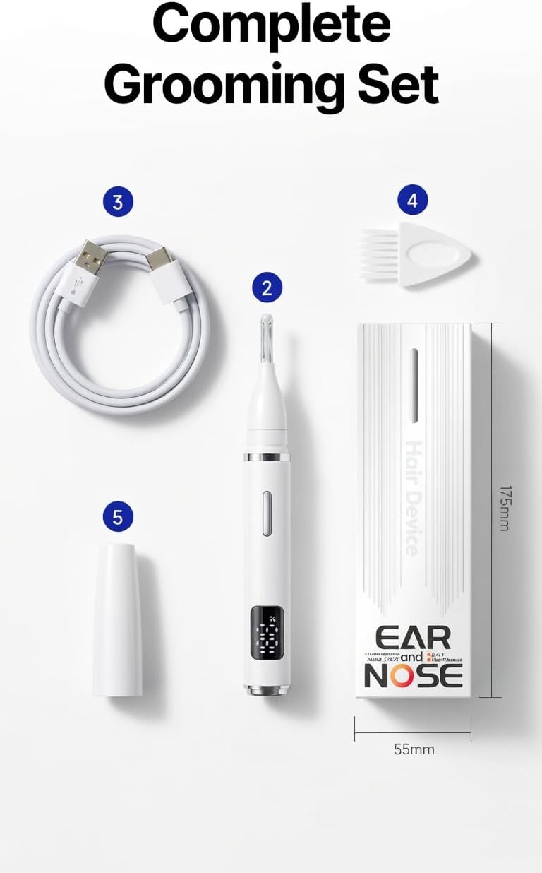 Electric Nose Hair Trimmer, Multi-Functional Ear & Eyebrow Trimmer with LED Display, Type-C Rechargeable, Painless & Quiet Personal Grooming Tool for Men Women