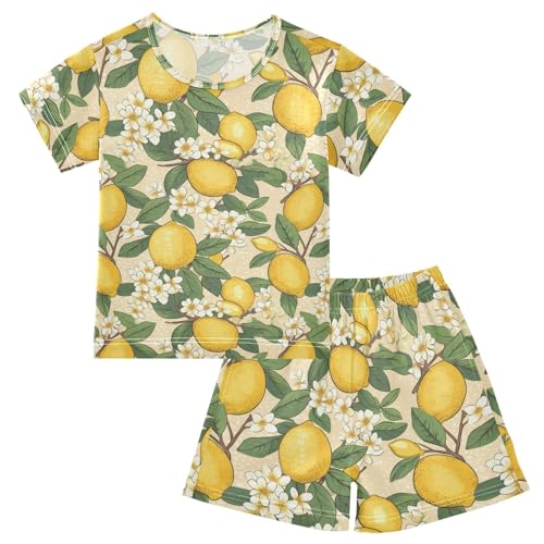 ALAZA Lemon Flowers Dots Pajama Set Short Sleeve Sleepwear Soft Lounge Nightwear