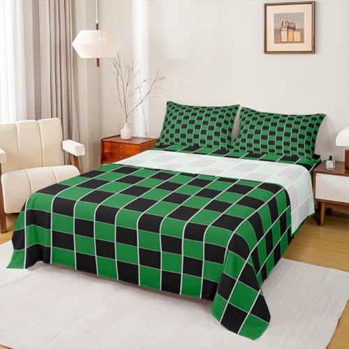 Image of Erosebridal Plaid Sheet Set Queen Green Black Checkerboard Bed Sheets Geometric Checkered Bedding for Kids Boys Girls,Aesthetic Grids Bed Sheets Set 4 Piece