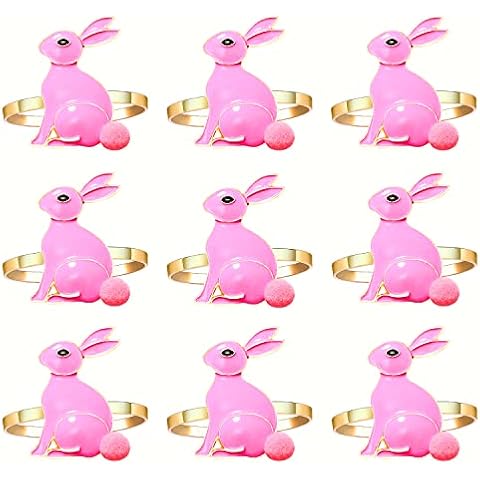 9PCS Easter Napkin Rings, Rhinestone Easter Bunny Napkin Holder Rings for Table Decor Cute Rabbit Carrot Napkin Ring for Spring Party Banquet (9PCS Pink Enamel Bunny) Cover