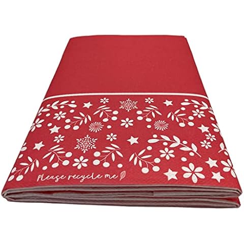 Kissymix Red Christmas Patterned Table Cover - 180cm Red & White Recyclable Tablecloth with Mistletoe & Snowflakes for Xmas Day, Parties, Events and Birthdays Cover
