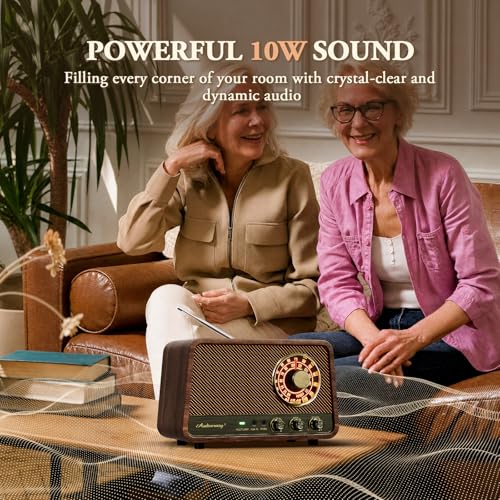 Image of Classic wooden Bluetooth FM radio with 10 watts of powerful sound, retro radio with Bluetooth speaker with amber glowing dial, bass control, Aux input, connector for