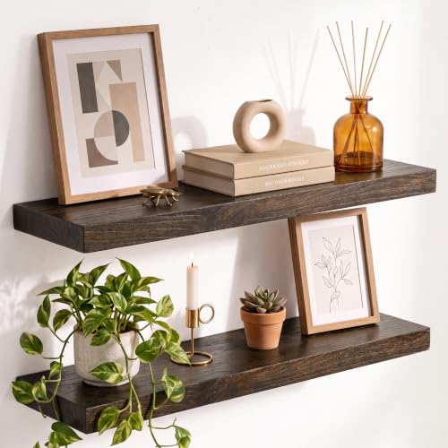 Image of Elm Floating Shelves for Wall - 24 in Rustic Solid Wood Shelves with Heavy-Duty Invisible Bracket, Wall-Mounted Wooden Shelf for Living Room, Bathroom, Kitchen Storage & Display, Set of 2, Walnut
