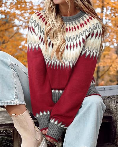 Burgundy and Cream Fair Isle Yoke Sweater - Image 3