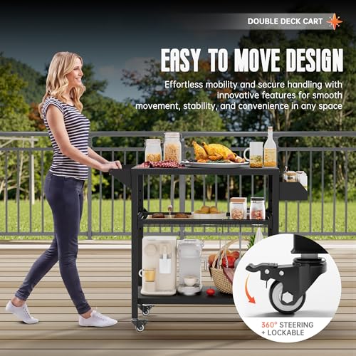 Image of SUNCROWN Outdoor Grill Table with Wheels, Kitchen Cooking Prep Tables Movable BBQ Grill Cart for Garden, Camping, Home Party, Bar, Pizza Oven Table Stand