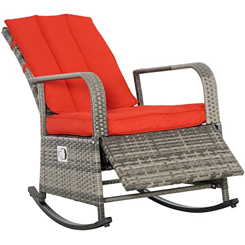 Outsunny Outdoor Rattan Wicker Rocking Chair Patio Recliner With Soft Cushion, Adjustable Footrest, Max. 135 Degree Backres, Red #TOP27
