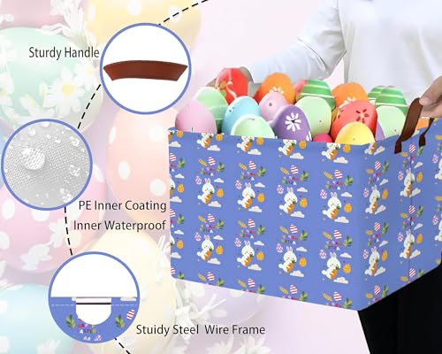 Image of Large Rectangular Easter Baskets Empty Waterproof Boy Toy Box Foldable Kid's Gifts Storage Bin Spring Room Decor(Blue Rabbit Holding Carrot Egg)