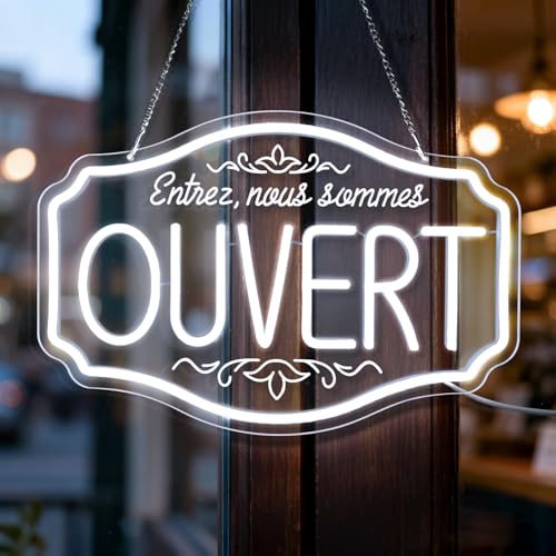 Lxmoneon Enseigne Lumineuse Néon OUVERT, Enseigne murale LED blanche Ouvert, intensité variable pour entreprise, Néon 