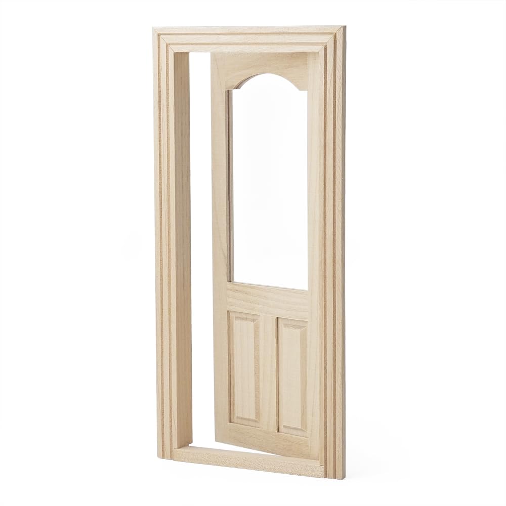 Odoria Dollhouse Front Door Miniature: 1/12 Scale Doors Glass Panel for Elf Fairy Garden Outdoor - Tiny Modern Furniture Building Model - Mini Entry Gate Unfinished Wood, Inswing