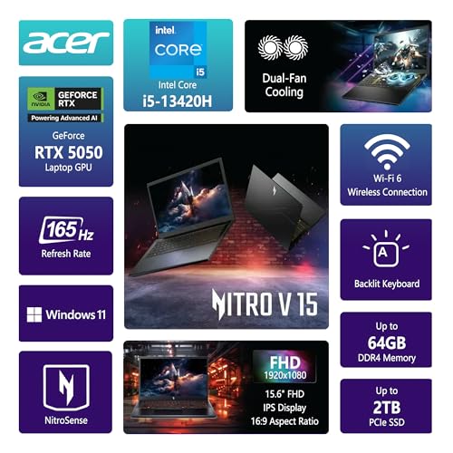 Nitro V 15 Gaming Laptop | 15,6" FHD IPS 165Hz | Intel 8-Core i5-13420H | 32GB DDR4 1TB SSD | GeForce RTX 5050 DLSS4 (fino a 440 top AI) | Tastiera retroilluminata Win11 Pro con accessorio DLCA - Notebook - Immagine 2