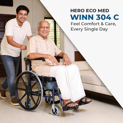 Image of Hero Ecomed Winn 304 C | Manual Wheelchair with Propelling Ring | Powder Coated MS Frame | High Back wheelchair | Commode Provision | For Patients & Elderly | 120 kg Capacity