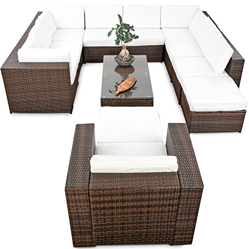 erweiterbares 38tlg. Lounge Möbel Set Ecksofa Polyrattan - braun-Mix - Gartenmöbel Sitzgruppe Garnitur Loungemöbel XXXL - inkl. Lounge Ecke + Sessel + Hocker + Tisch + Kissen – Bild 3