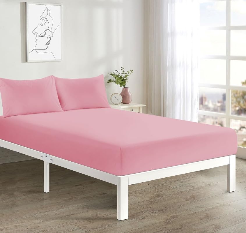 L S U Supersoft Duvet Cover Set Easy Care Bedding Fitted Sheet and Pillowcases in 22 Colours and Single, Double, King, and Super King Sizes (FITTED SD pink)
