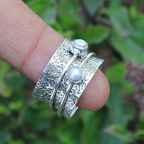 925-Sterling-Silver-Round-Pearl-Spinner-Handmade-Silver-Meditation-Boho-Worry-Ring