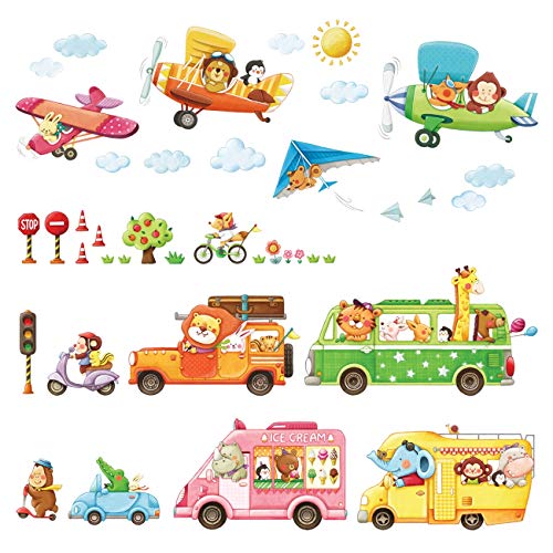 Decowall DAT-1806P1506B Transporte Autos Doppeldecker Tiere Wandtattoo Wandsticker Wandaufkleber Wanddeko für Wohnzimmer Schlafzimmer Kinderzimmer