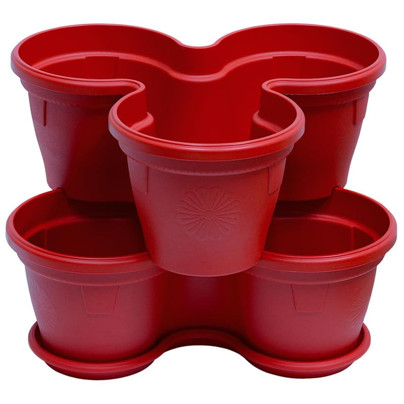 Engelland 2X Blumentopf, Säulentopf, Pflanzturm, Hochbeet, Pflanztopf-Kübel mit Untersetzer, stapelbar, widerstandsfähig, Kunststoff, für Außenbereich, 22 Liter, Farbe: Rot