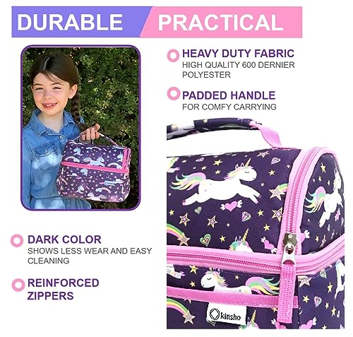 Kinsho Unicorn Toddler Lunch Box For Girls Kids, Insulated Bag For Baby Girl Daycare Pre-School Kindergarten, Container Boxes For Small Kid Snacks Lunches, 2 Compartments, Unicornio Purple #TOP3