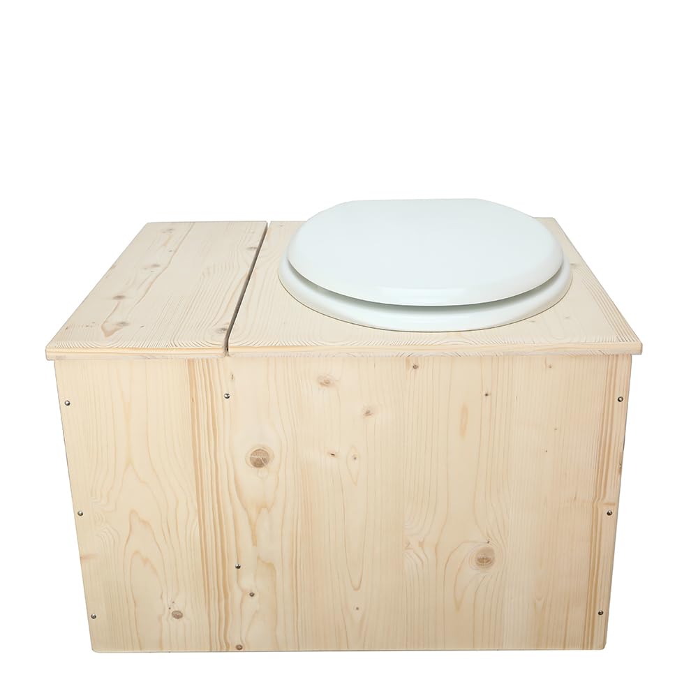 Toilette sèche avec bac à copeaux de bois intégré, Livré monté avec abattant blanc, seau inox et bavette de protection inox - Fabrication artisanale Française - N17