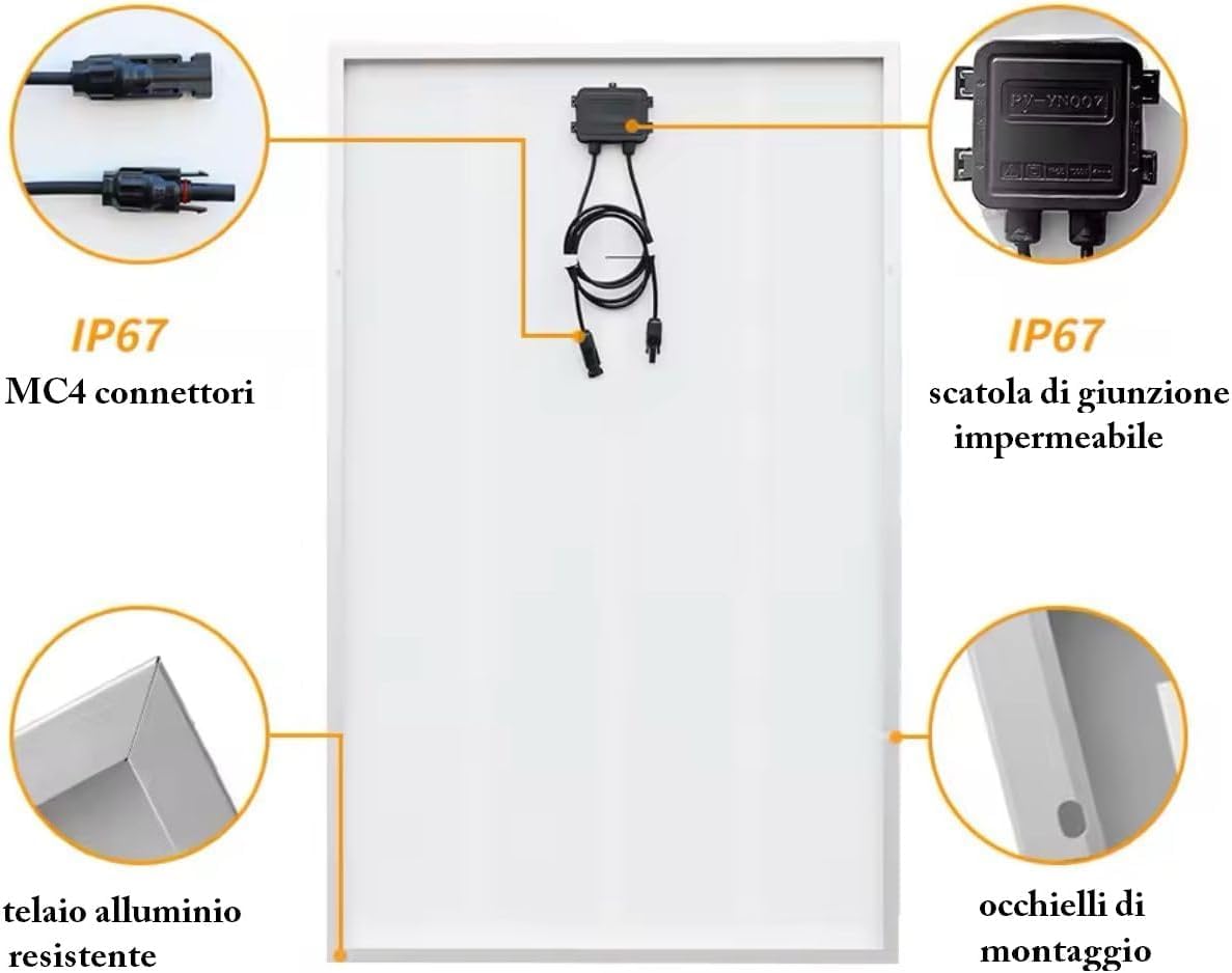 Pannello Solare Fotovoltaico 250W 12/18V Dimensioni: 148 × 67 × 3 cm Monocristallino Adatto Veicoli, camper e barche