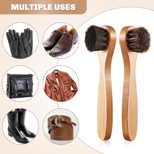 Image of 2 Pcs Horsehair Shine Shoes Brush Kit Polish Dauber Applicators Cleaning Leather Shoes Boots Care Brushes Suede Cleaner Brush(Wooden Long Handle)