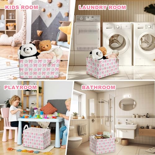 Image of Pink Bows Volleyballs Storage Baskets for Pink Nursery Decoration Bin, Foldable Storage Box Organizer for Clothes Toys Nursery, Large Canvas Laundry Hamper for Bathroom Bedroom Living Room