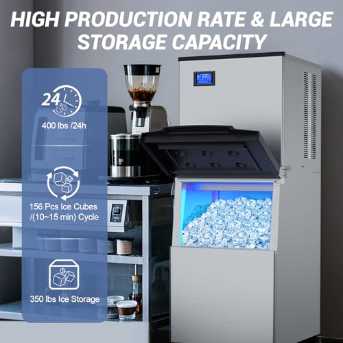 Image of Ice Machine Commercial Ice Maker Machine, 400 Lbs /24H Industrial Ice Machine, 350 Lbs Storage Commercial Ice Machines Free Standing, Cubes Ice Makers Commercial, Restaurant, Cafe, Bar, Hotel