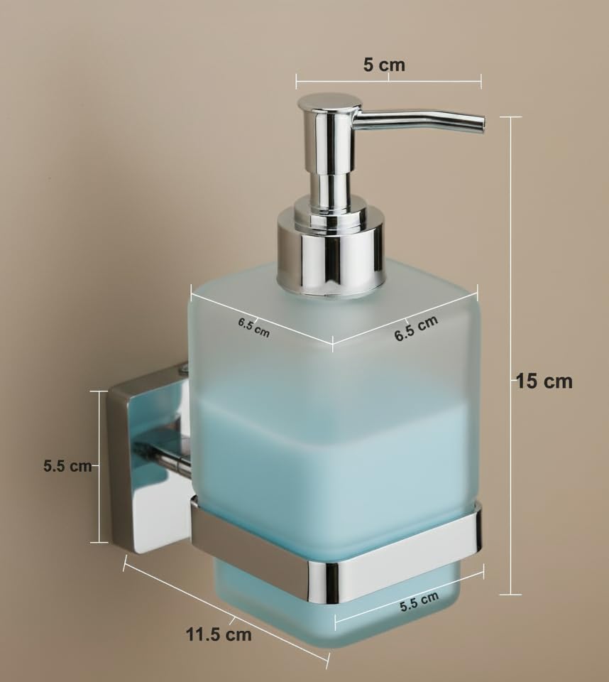 Image of EASYHOME FURNISH Premium Wall-Mounted Liquid Soap Dispenser for Bathroom and Kitchen | Frosted Glass Bottle with Rust-Proof 304 Stainless Steel Holder & Chrome Finish Pump