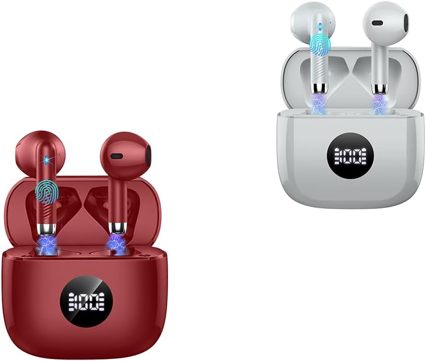 Two sets of Jxrev wireless earbuds, one red and one grey, each in their open charging case displaying battery levels.