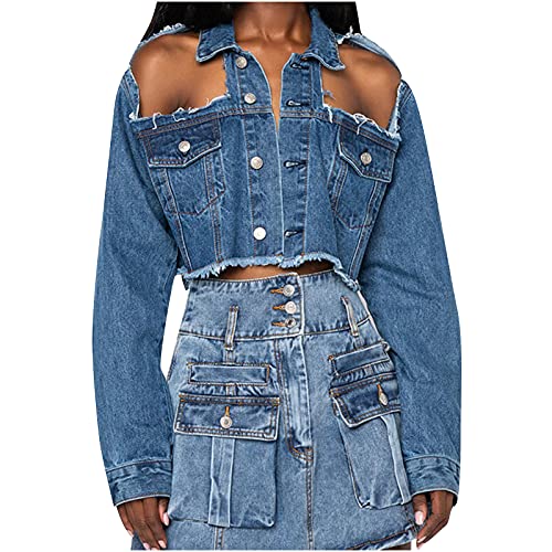 Womens Denim Jackets Casual Handsome Mid Length Denim Trench Coat Ripped Denim Coat Vintage Streetwear