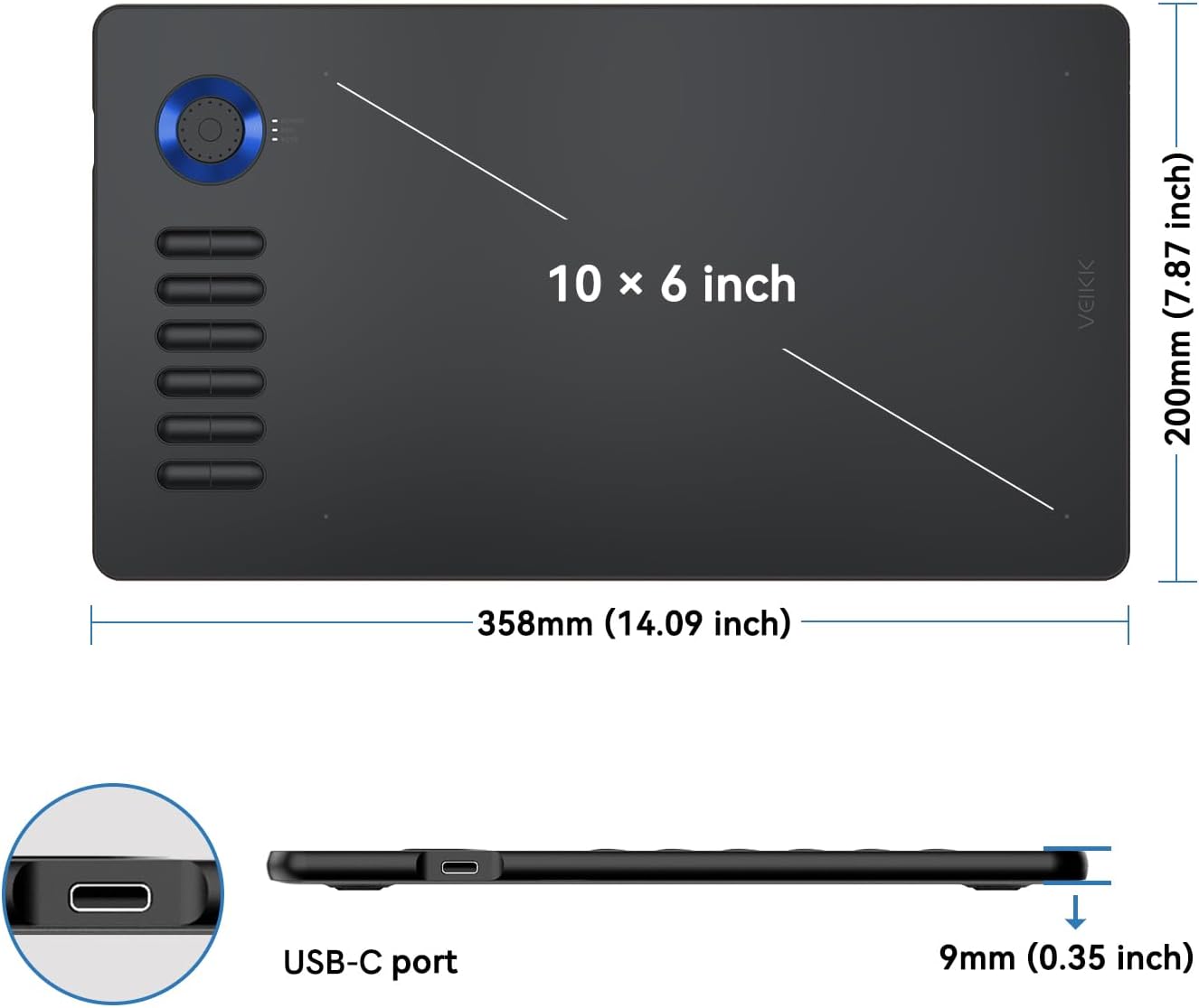 VEIKK A15Pro Digital Drawing Tablet 10 x 6 Inch Graphics Tablet with 12 Shortcut Keys and 1 Quick Dial,Supports Tilt Function,for MAC, Windows, Linux and Android OS,8192 Levels, Blue image 5