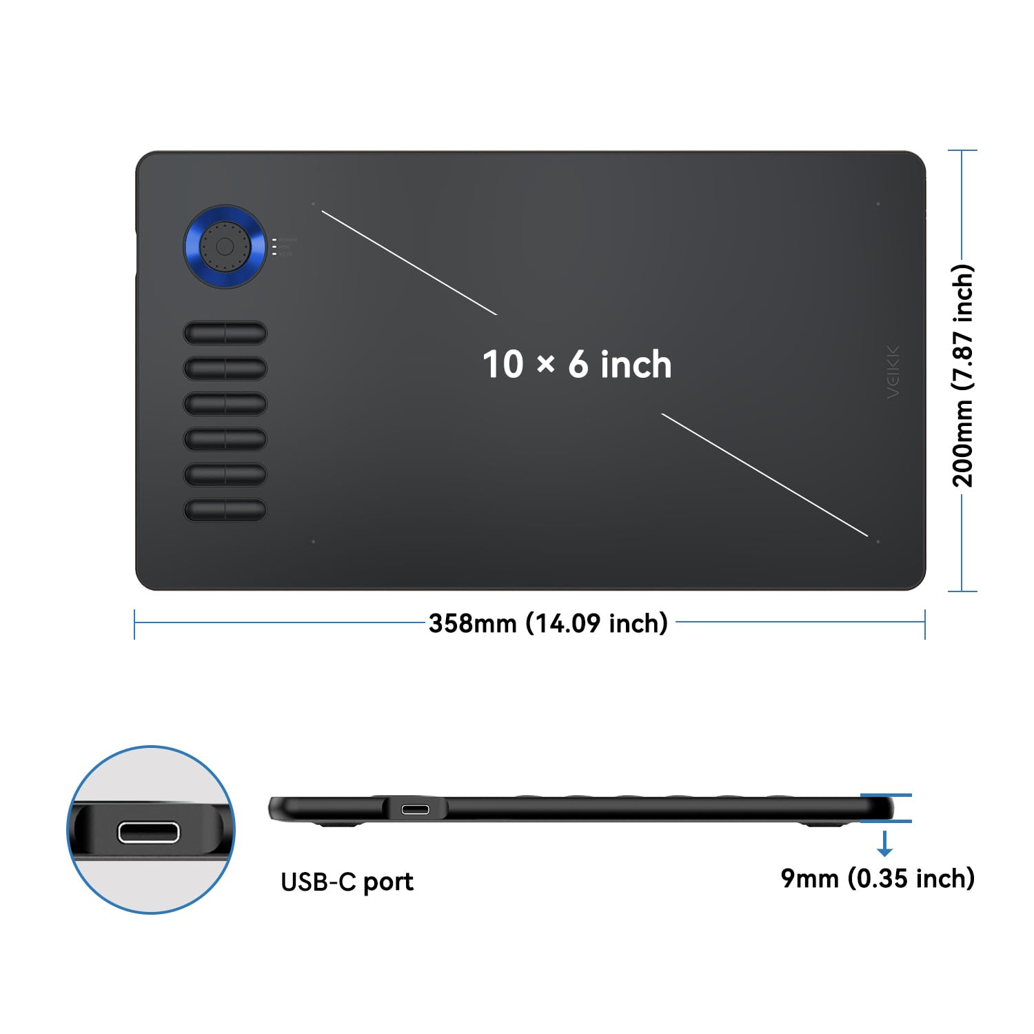 Tablette graphique pour PC VEIKK A15 Pro, 25,4 x 15,2 cm, avec stylo sans pile et 12 touches express pour peinture et édition de photos, compatible avec Windows, Mac, Linux, chrome OS et Anroid