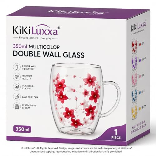 Image of KiKiluxxa 350ml Double Wall Glass Tea Coffee Mug Set of 2 | Glass Cups with Movable Decorative Flowers & Pearl Beads | Insulated Glass Mug for Tea, Coffee, Milk, Gift (Multicolor Assorted)