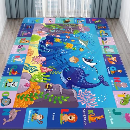 LTKOUGFAM Baby Play Mat for Floor - ABC Kids Rugs for Playroom - Sea Animal Play Rug - Ocean Playmat Crawling Tummy Time Mat, Non-Toxic Non-Slip Rugs (78.7X59 INCH)