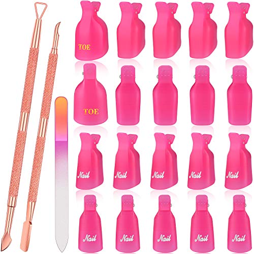 Gel Nail Polish Remover Clips Set, Stainless Steel Cuticle Pusher Cutter and Triangle Nail Polish Scraper, 20 Pieces Nail Clips Nail Polish Remover Clips and Glass Nail File for Home DIY Nail Salon