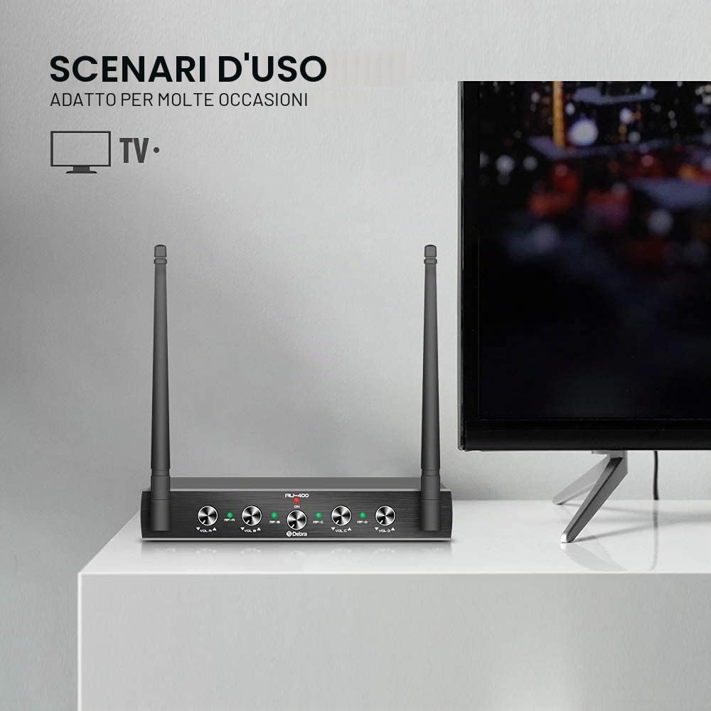 Debra Audio Pro UHF - Sistema di microfono wireless a 4 canali, con microfono lavalier, ricevitore in metallo, ideale per karaoke, feste di karaoke (4 Palmare (A))