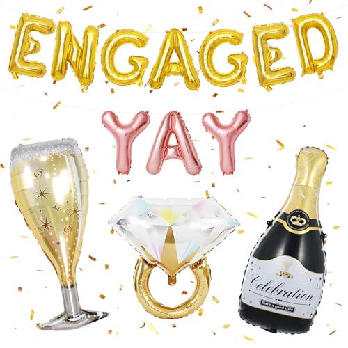 Image of Gold Engagement Party Decorations, Engaged Yay Balloons Letters Banner, Diamond Ring Black Champagne Bottle Balloon Glass Foil Balloon for Bachelorette Engagement Wedding Bridal Shower Party Supplies