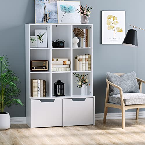 Hifit Cube Bookshelf, 55.1" H Bookcase Storage Cabinet Wooden With 9 Compartments And 2 Large Drawers For Home Office Living Room, White 1Pcs #TOP1