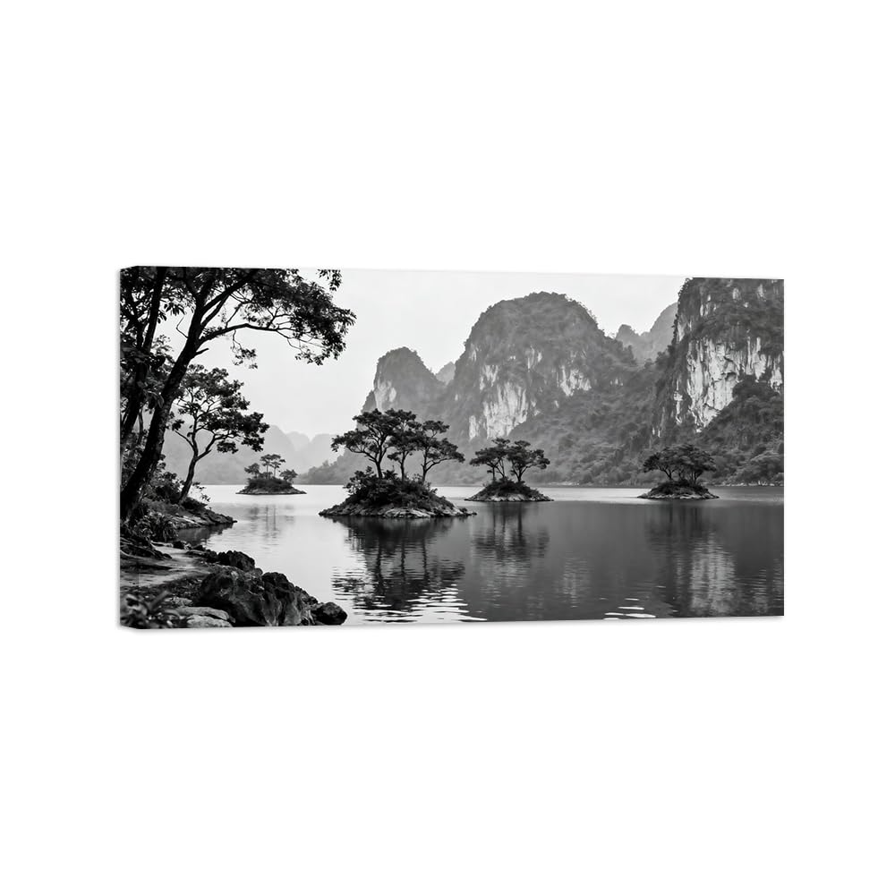 OZPWBVY Lake Tree No.7 Black White Landscape Wall Art Prints 40x70cm Framed