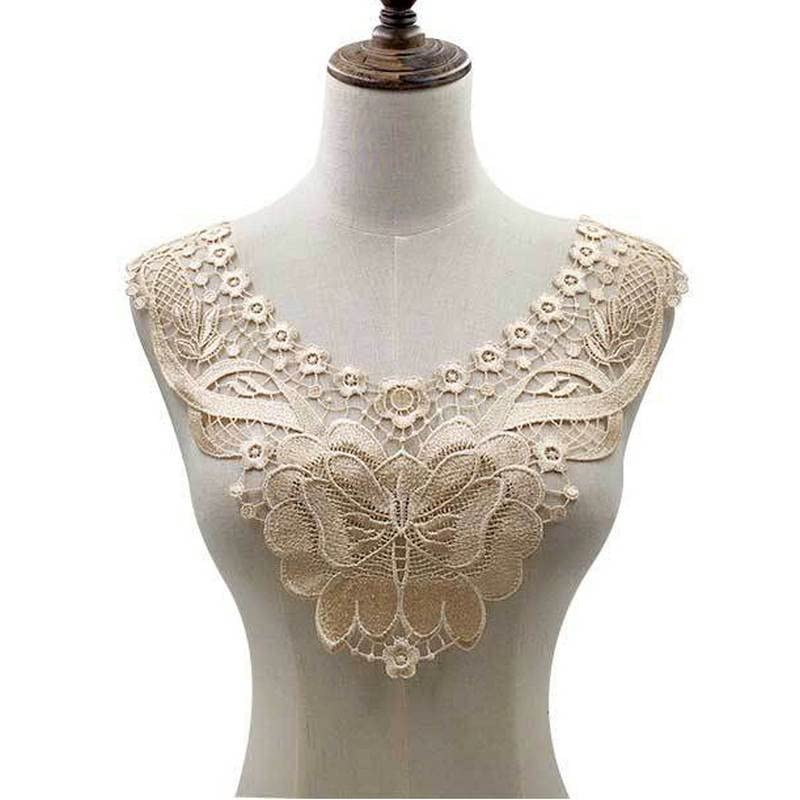 2 Pcs Fabric Flower Lace Sewing Applique Lace Collar Neckline Collar Applique DIY Craft Neckline Sewing Accessories (Beige)