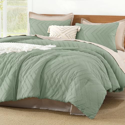 Image of Litanika Boho King Comforter Set, 3 Pcs Sage Green Lightweight Bedding Set