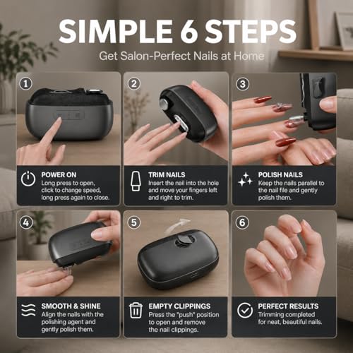 Electric Nail Clipper, 3-in-1 Automatic Nail Trimmer with Polishing & Clipping Storage, USB Rechargeable Nail Cutter with LED Light & 2 Speed Modes for Home & Travel Use — view 2