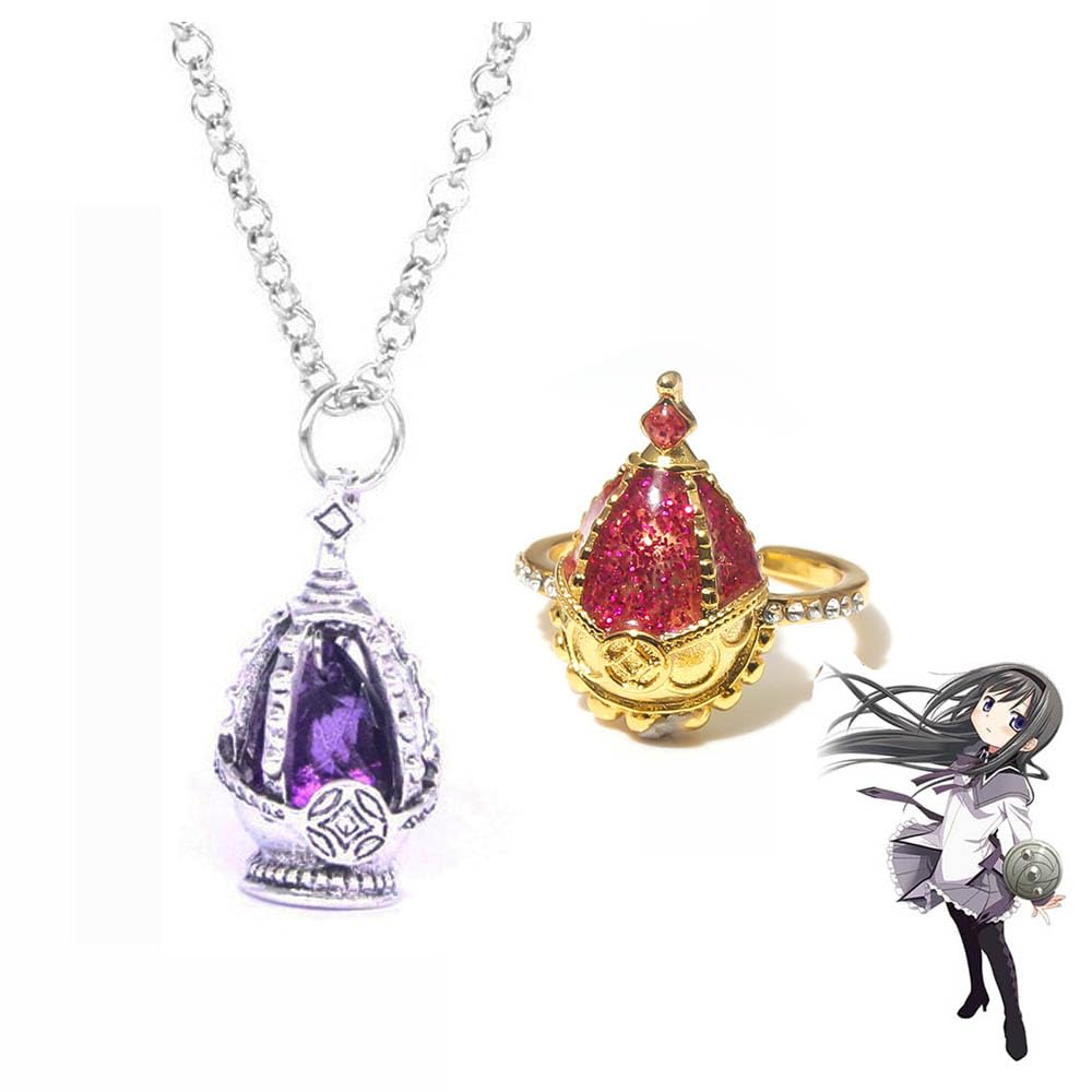 JUSONGKWCP 2 Pcs Madoka Magica Soul Gem Ring Necklace Fashion Soul Gem Pendant Jewellery Kaname Madoka Cosplay Accessories Madoka Magica Gem Chain (purple)