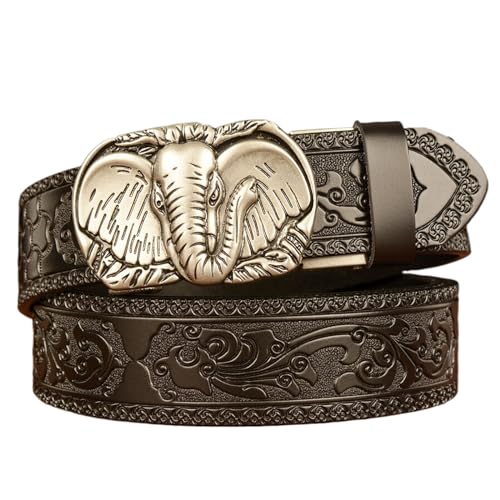 Belt Men Ratchet, Western Cowboy Leather Belts for Men with Elephant Head Alloy Buckle Embossed Belt