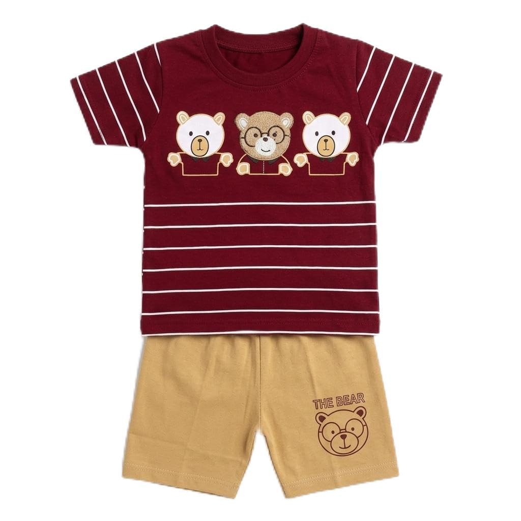 Baby Boys Cotton Clothing Set | Teddy Bear Printed T-Shirt & Shorts Co-Ord Set | Soft Summer Outfit for Toddler Boys | Casual Daily Wear | Maroon & Beige | 1-2 Years-image-37