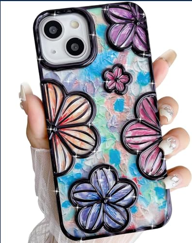 Image of mobistyle Designed for iPhone 14 Plus Cover| Electroplating TPU Bling Colourful 3D Floral Camera Protection Back Cover Case for Girls & Women (Black Electroplating Flowers)