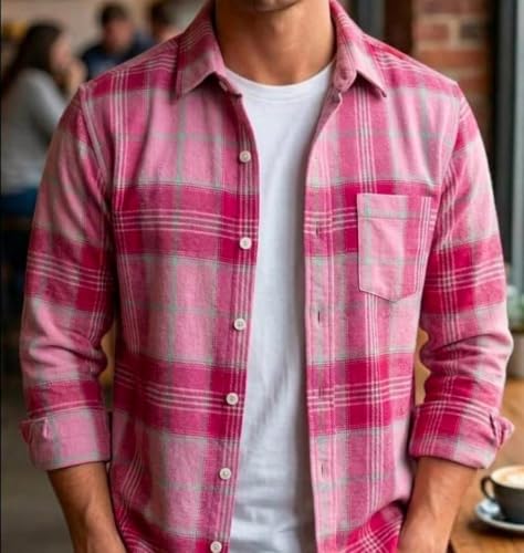 Image of Pink Checks /Men's Pink Plaid Flannel Shirt Boxy Fit